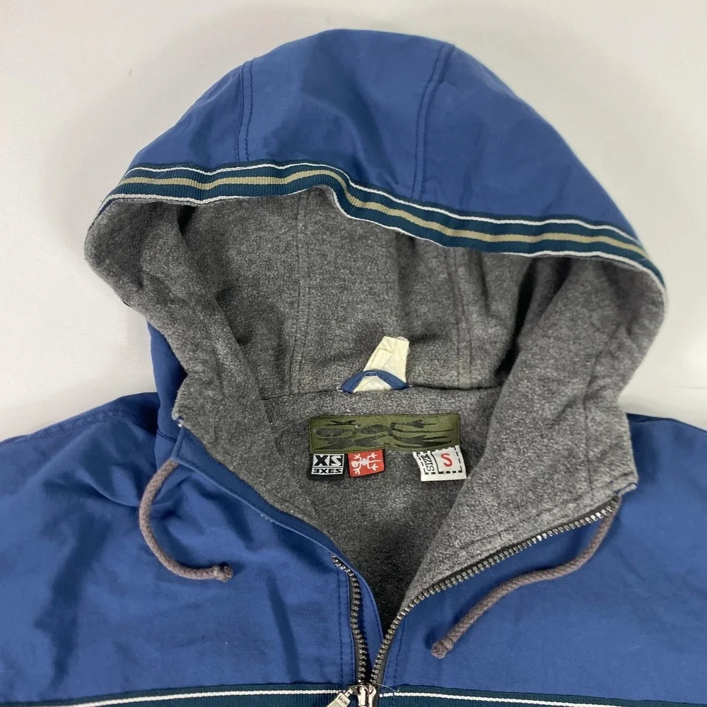 EXES Jacket Mens Small Blue Hooded Fleece Lined Ski Parka Outdoor Stripe Vintage